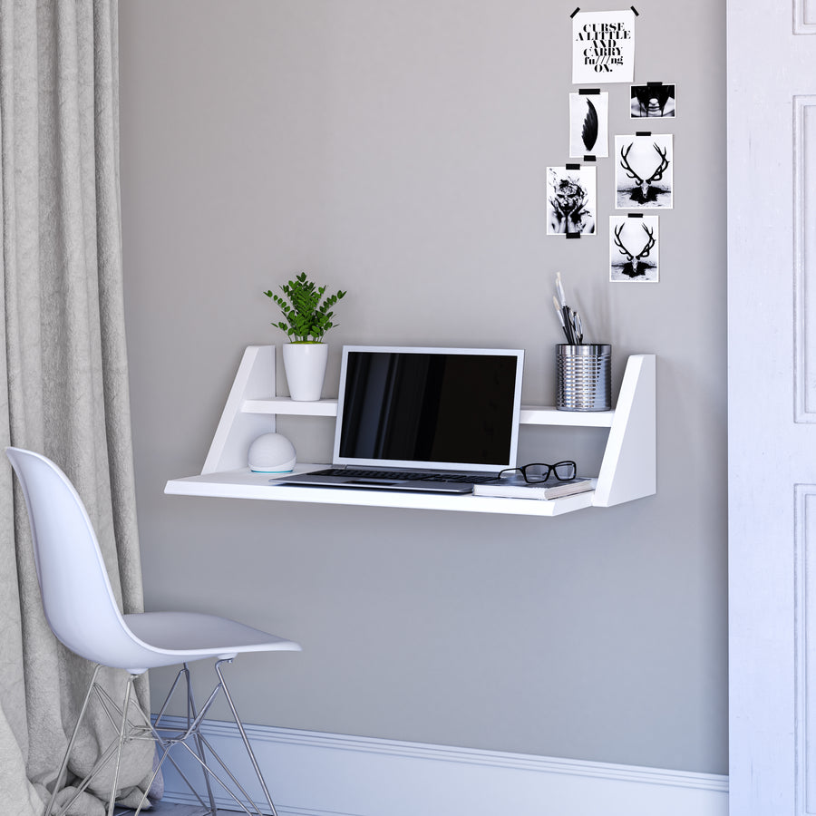 Reverso Wall Desk, White Floating Desk for Wall with Wall Mounted Desk Shelf, Computer Home Office Desk for Bedroom, Living, Kitchen and Study - L