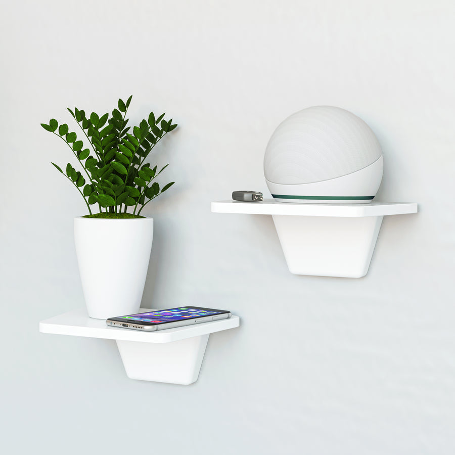 Mini Tag - White Small Floating Shelf - Set of 2 Shelves for Wall with No Drill Installation Option [ Adhesive Shelf ]